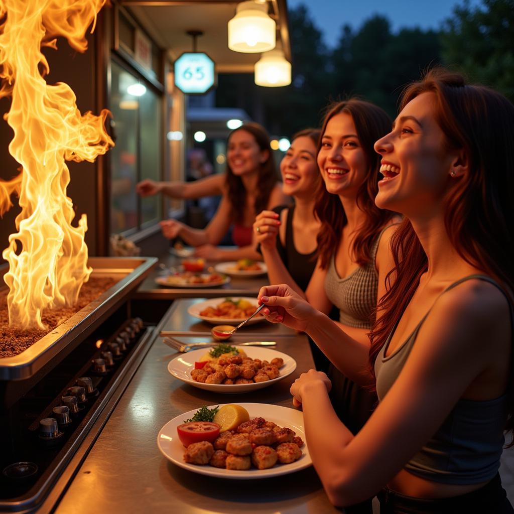 Customers enjoying their hibachi meals at a food truck