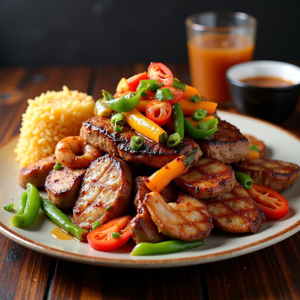 A complete hibachi meal from a food truck with all the sides