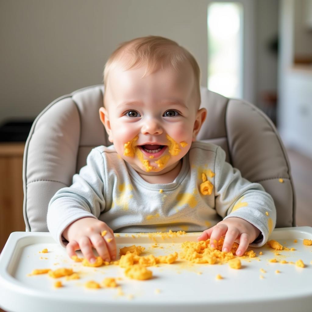 Baby happily making a mess while eating, demonstrating the need for a food catcher