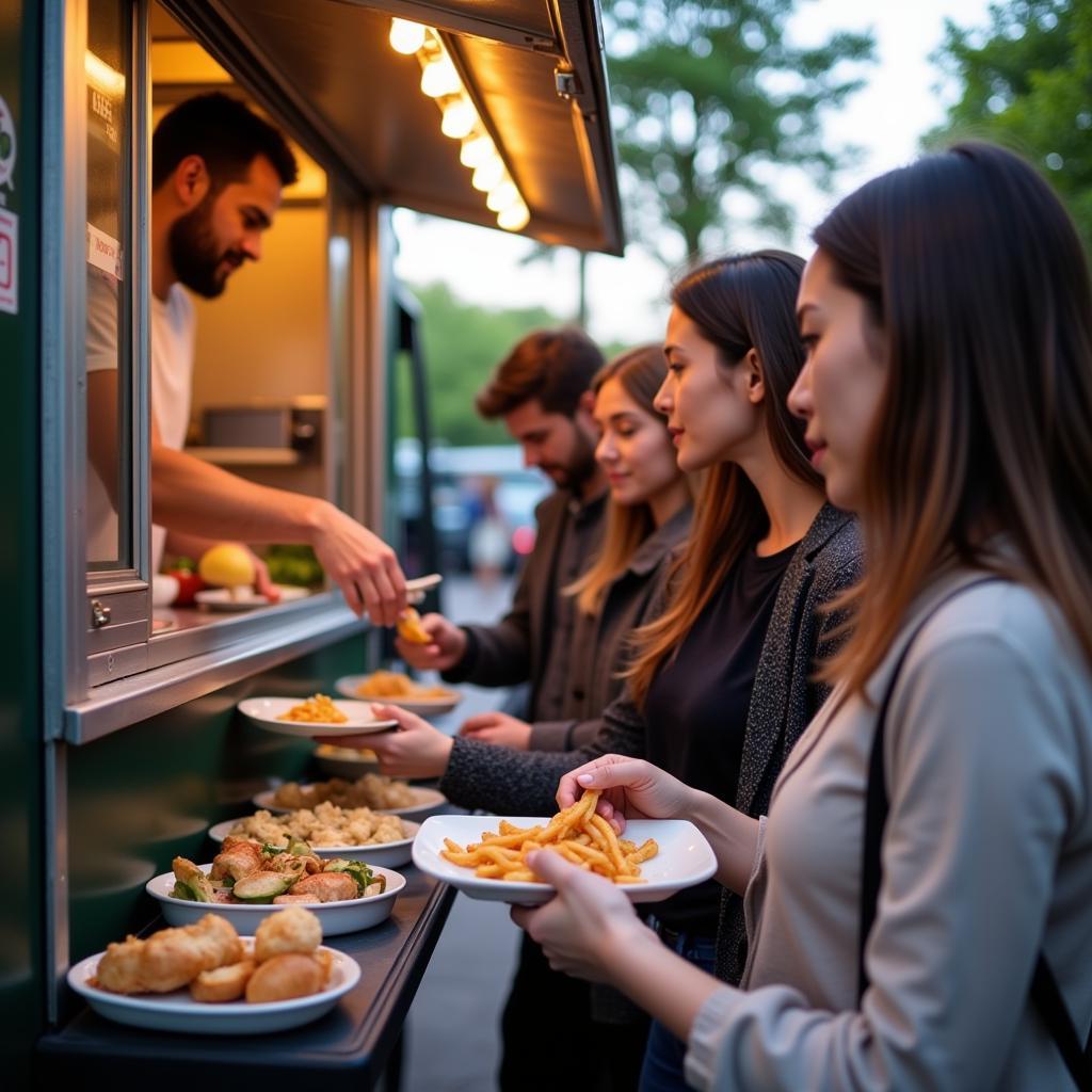 A busy lunch crowd gathers around various food trucks on the highline, enjoying the vibrant atmosphere.