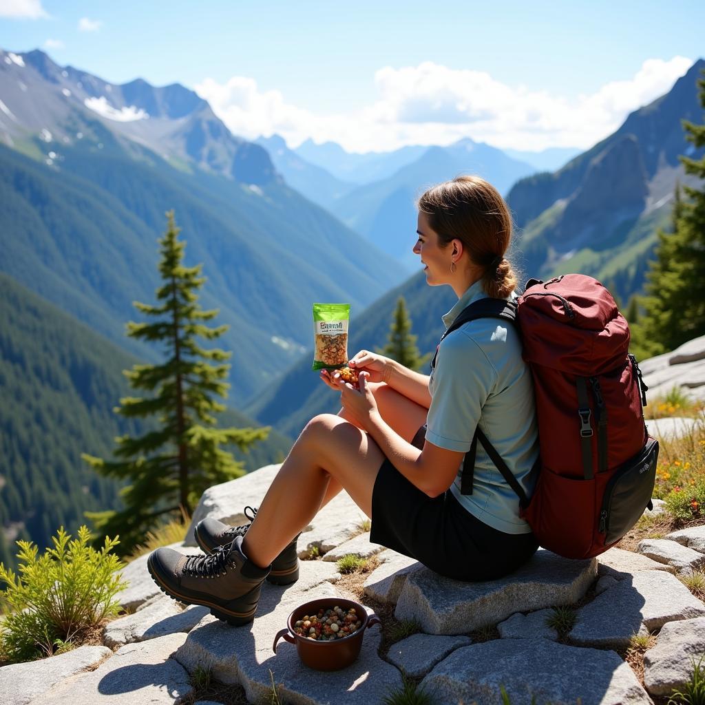 A hiker enjoying a trail mix snack on a mountain trail.