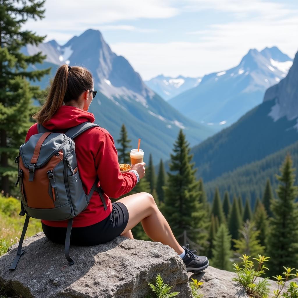 Hiker Enjoying Heather's Choice Meal with Mountain View