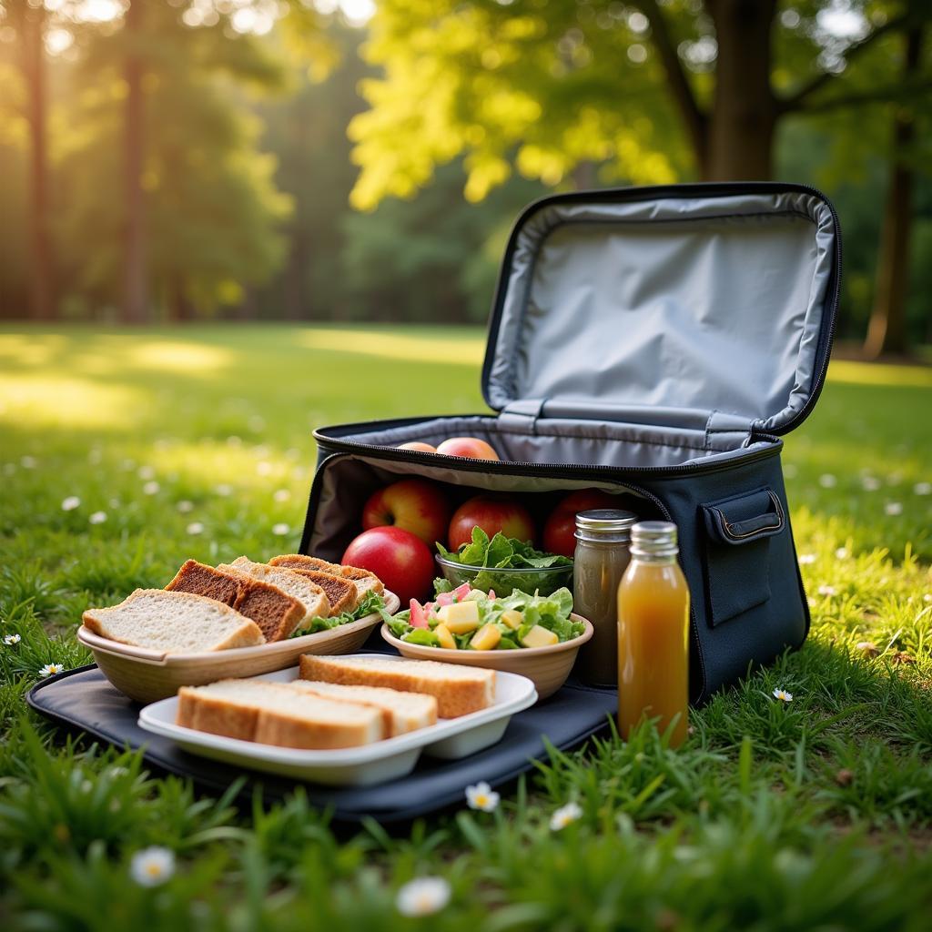 Organized food and drinks inside a hilltop food bag.