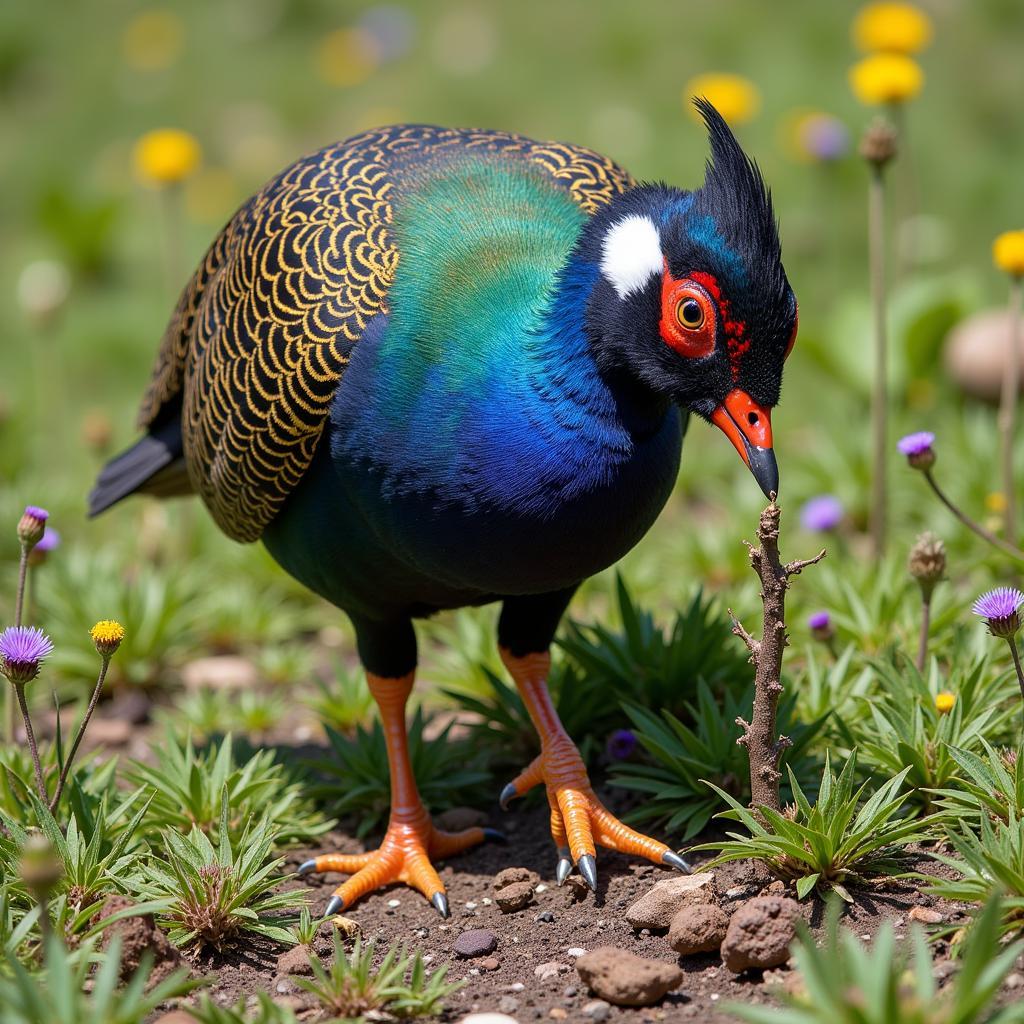 Himalayan Monal Foraging in Alpine Meadow