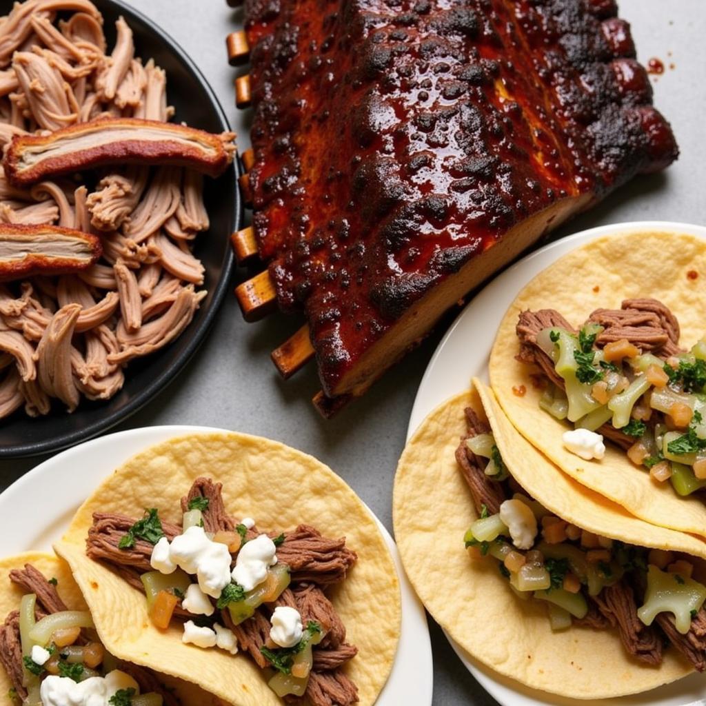 Close-up of a selection of Hog Wild BBQ food truck menu items, including pulled pork, ribs, and brisket tacos