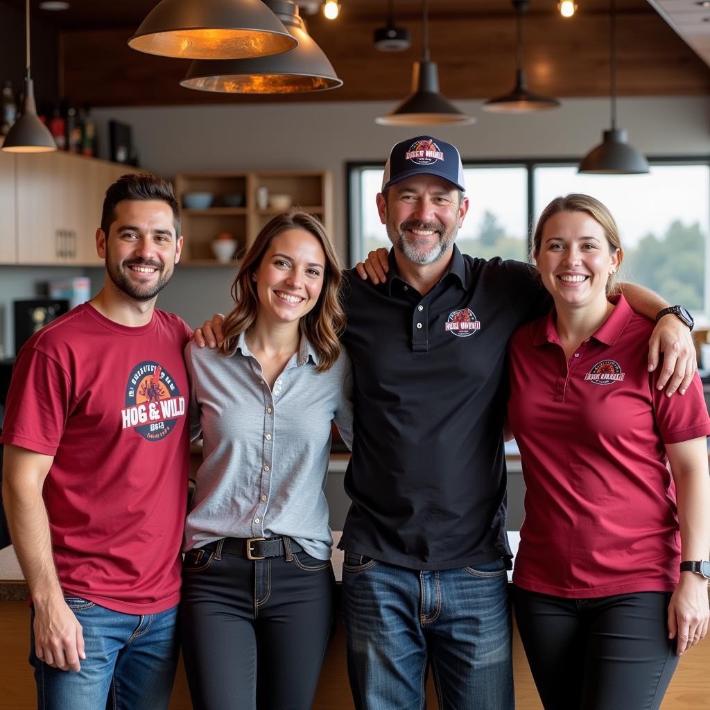 The owner and staff of Hog Wild BBQ food truck posing for a photo, smiling and looking proud