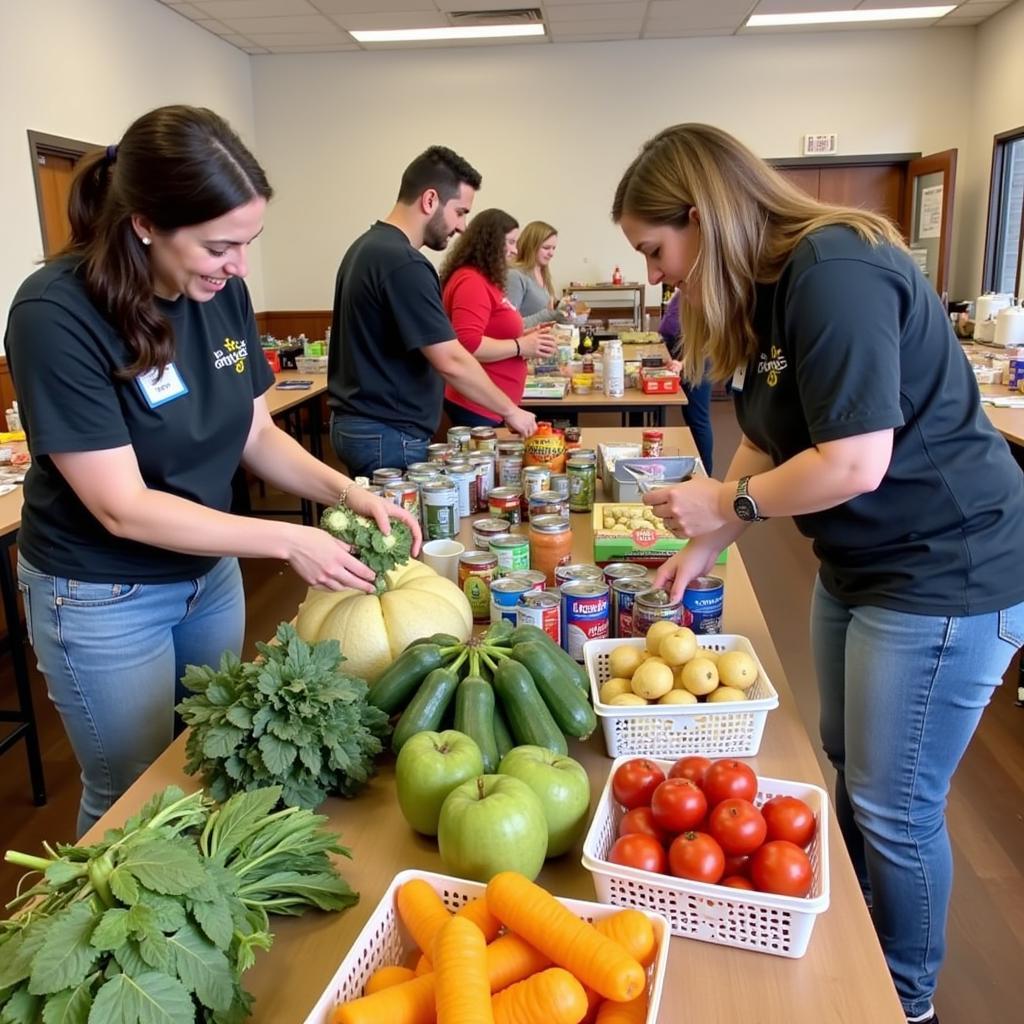 Volunteers at the Holy Cross Food Pantry assist families in selecting groceries.