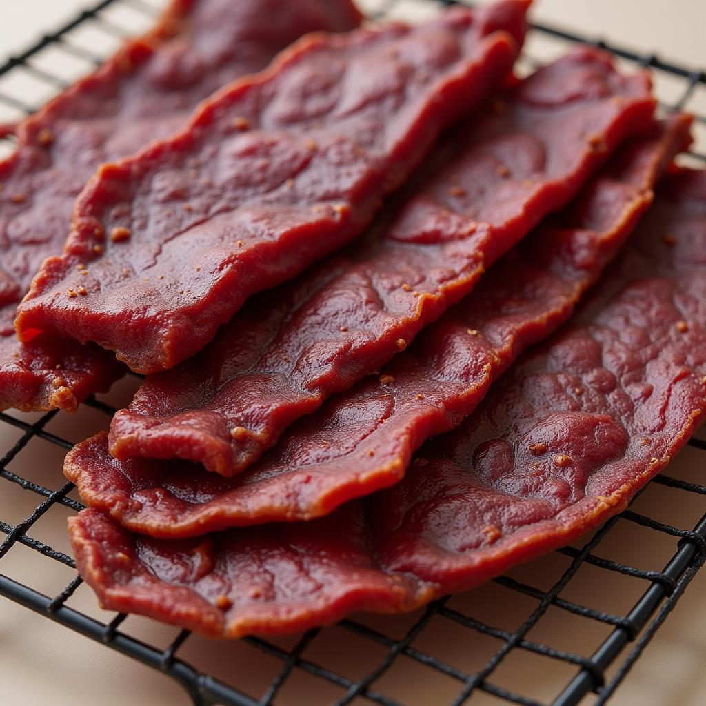 Homemade air-dried beef jerky on a wire rack