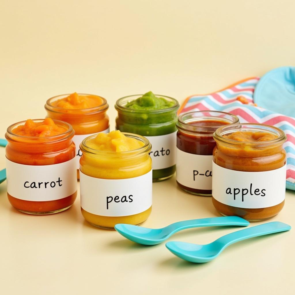 Variety of Homemade Baby Food Purees in Glass Jars