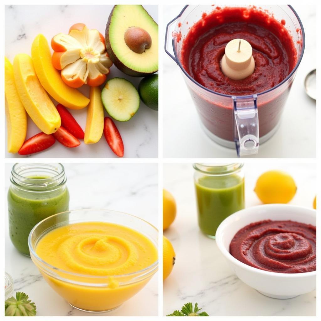 Close-up shots of various homemade baby food purees being prepared, showcasing the fresh ingredients and the process of blending or mashing them. 