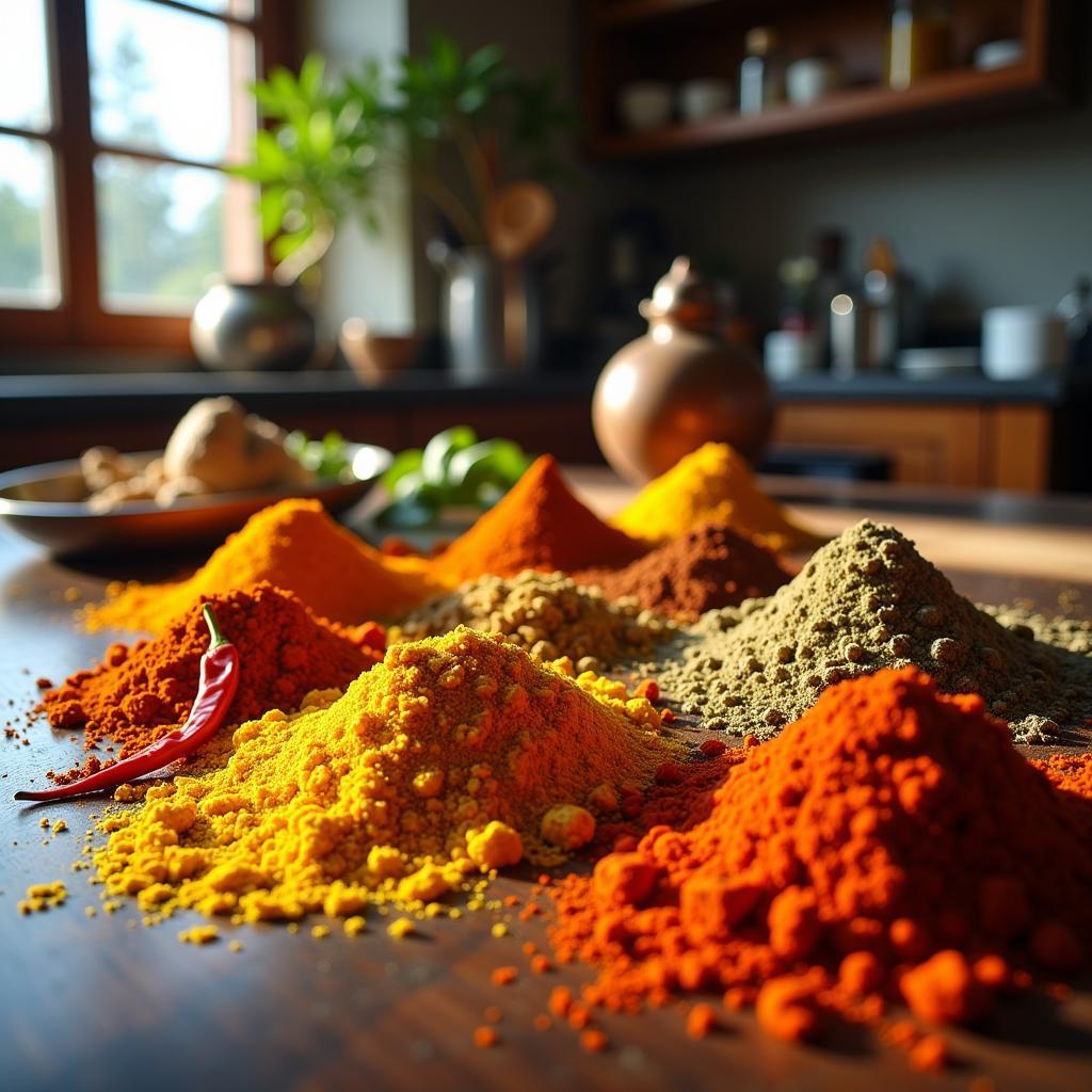 A vibrant display of colorful Indian spices arranged on a wooden table in a Houston kitchen.