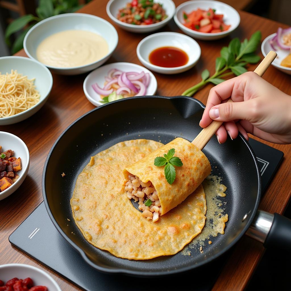 Preparing homemade jianbing with fresh ingredients