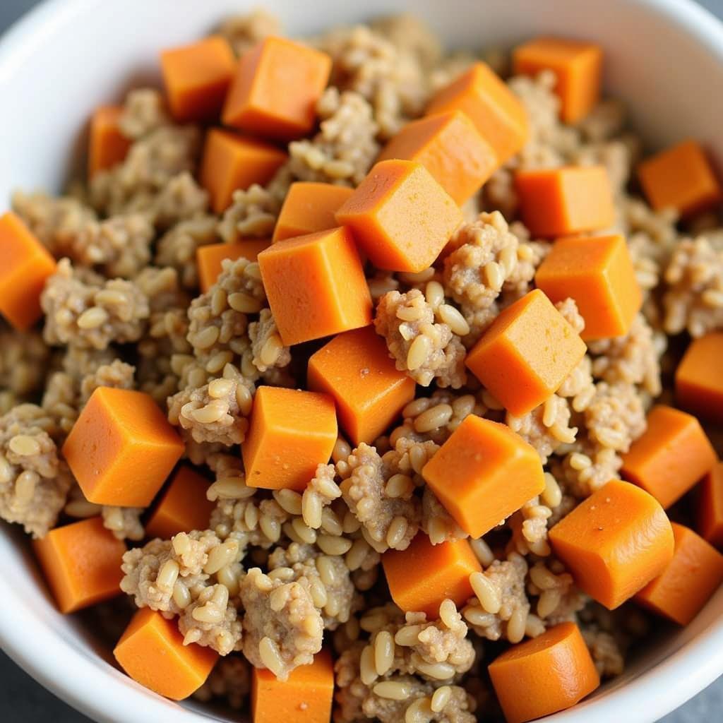 A bowl of homemade sweet potato and turkey dog food