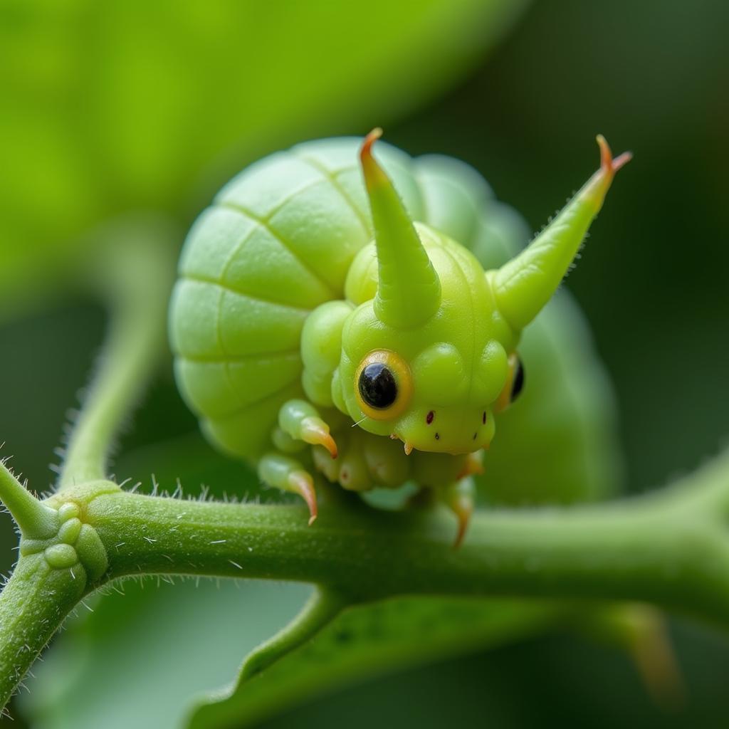 Hornworm eating a tomato leaf