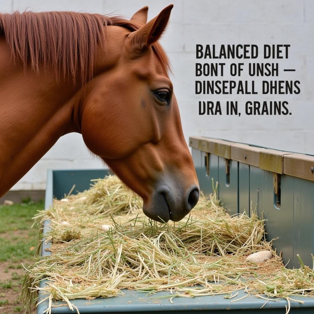 A horse enjoying its primary diet of hay and grain