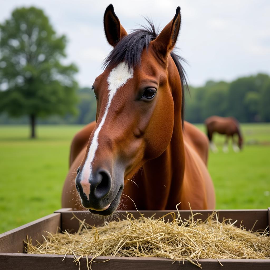 Horse Enjoying Hay from a Feeder