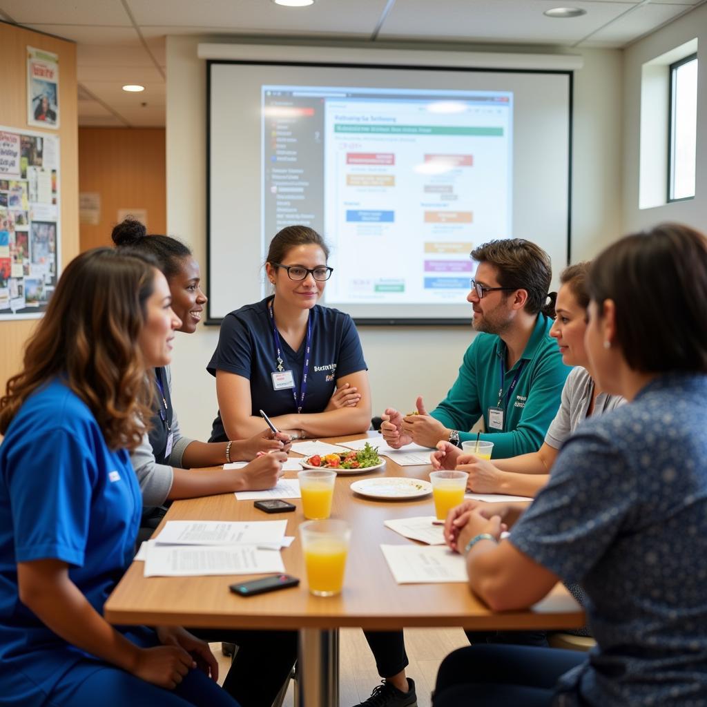 A team of hospital food service professionals gather for a meeting, discussing patient needs and menu planning.