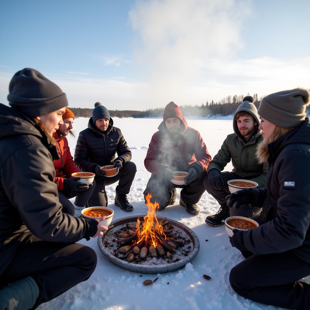 Enjoying Hot Chili while Ice Fishing