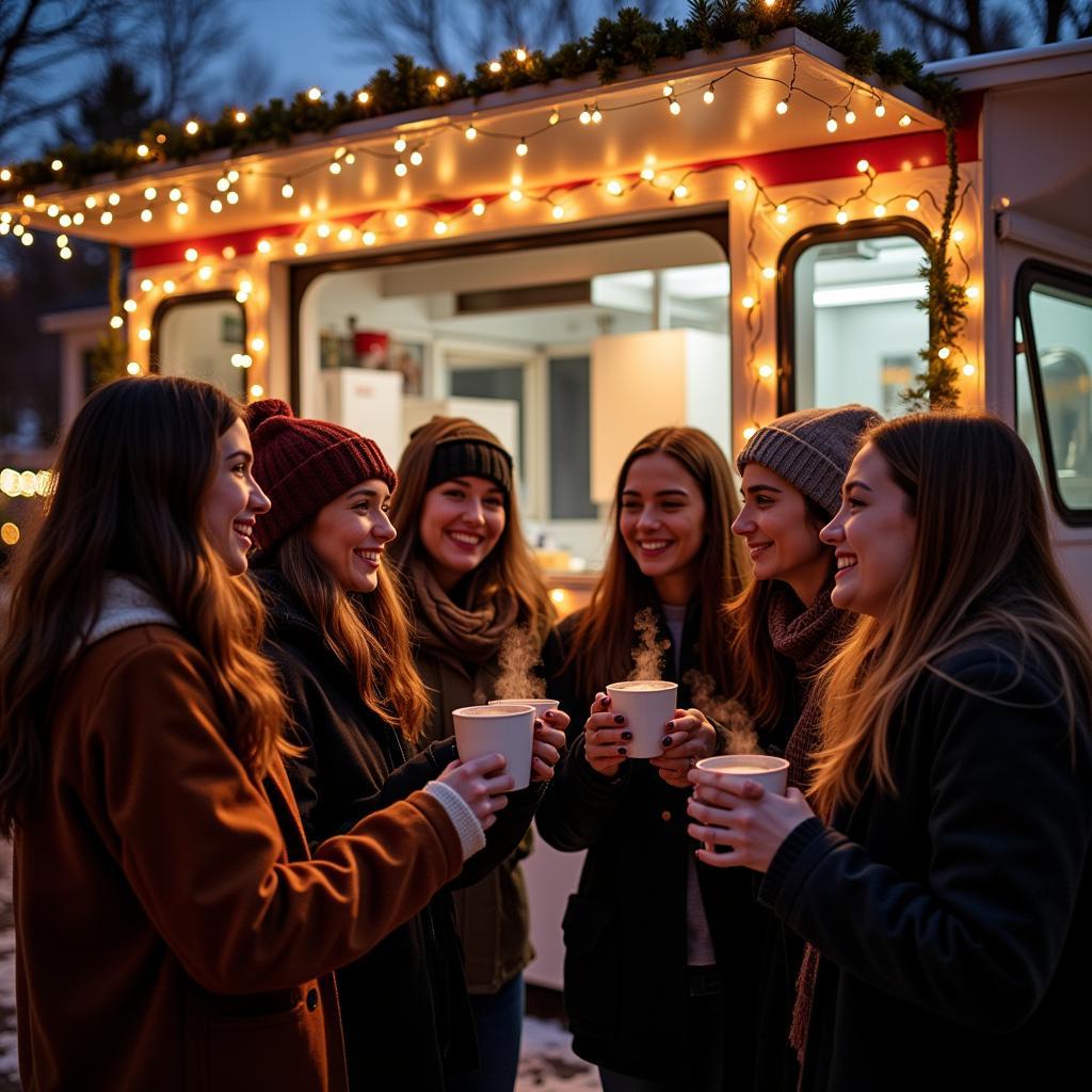 Customers Enjoying Hot Cocoa from a Food Truck