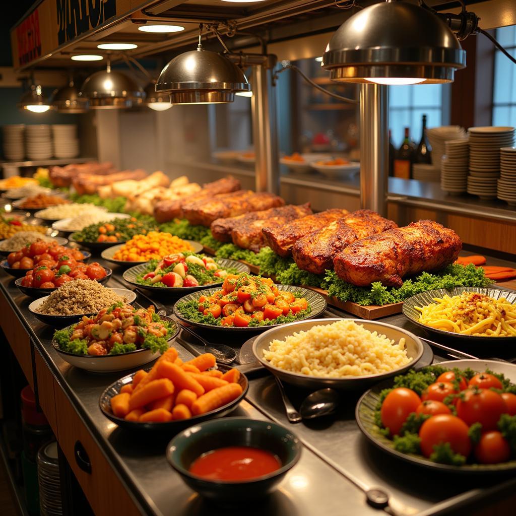 Diverse options at a hot food bar