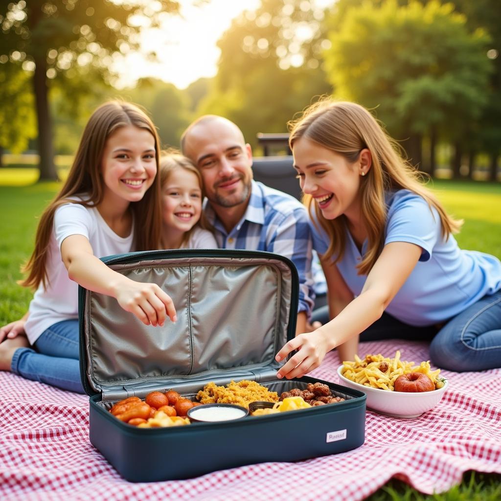 Family enjoying a picnic with a hot food carrier