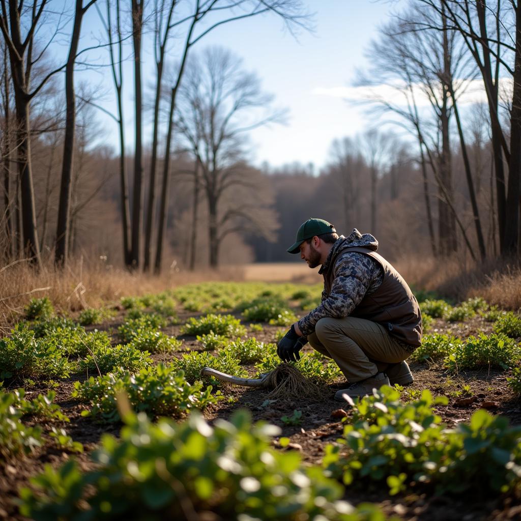 Hunter checking a deer food plot