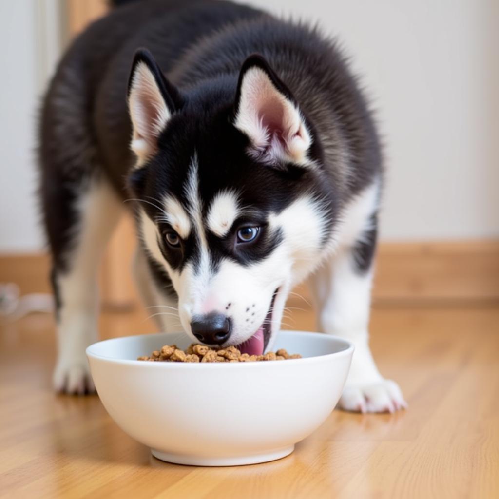 Husky puppy enjoying a meal of kibble