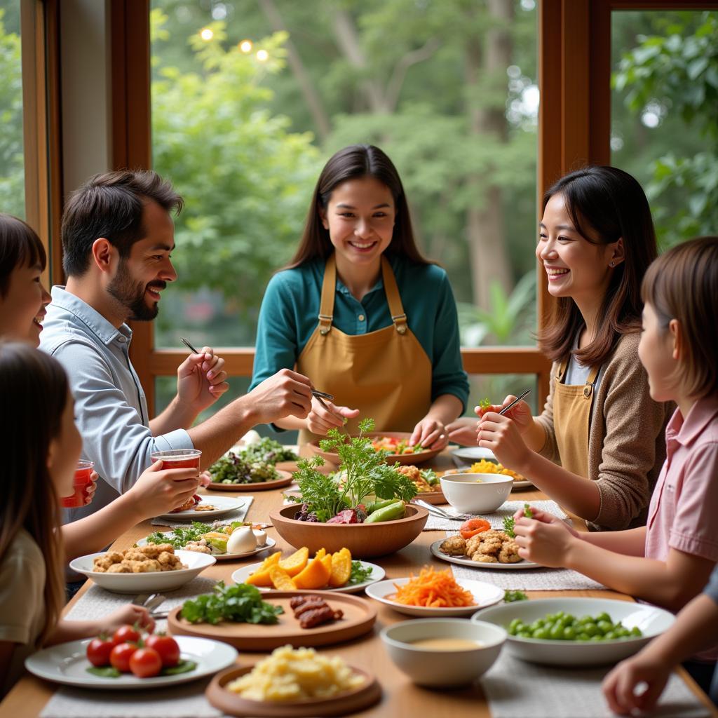 Family enjoying a meal prepared with ingredients from a circular food basket.