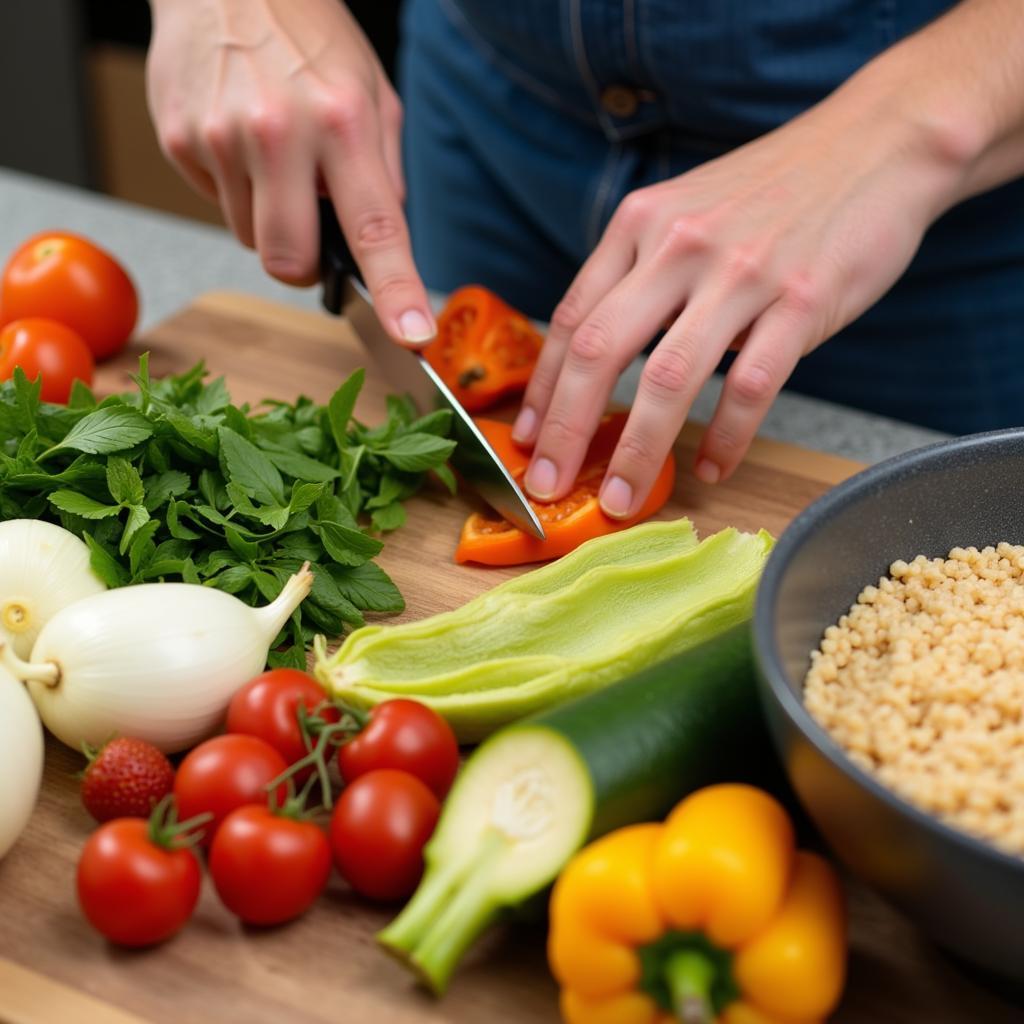 A person preparing a healthy meal with various natural food ingredients.