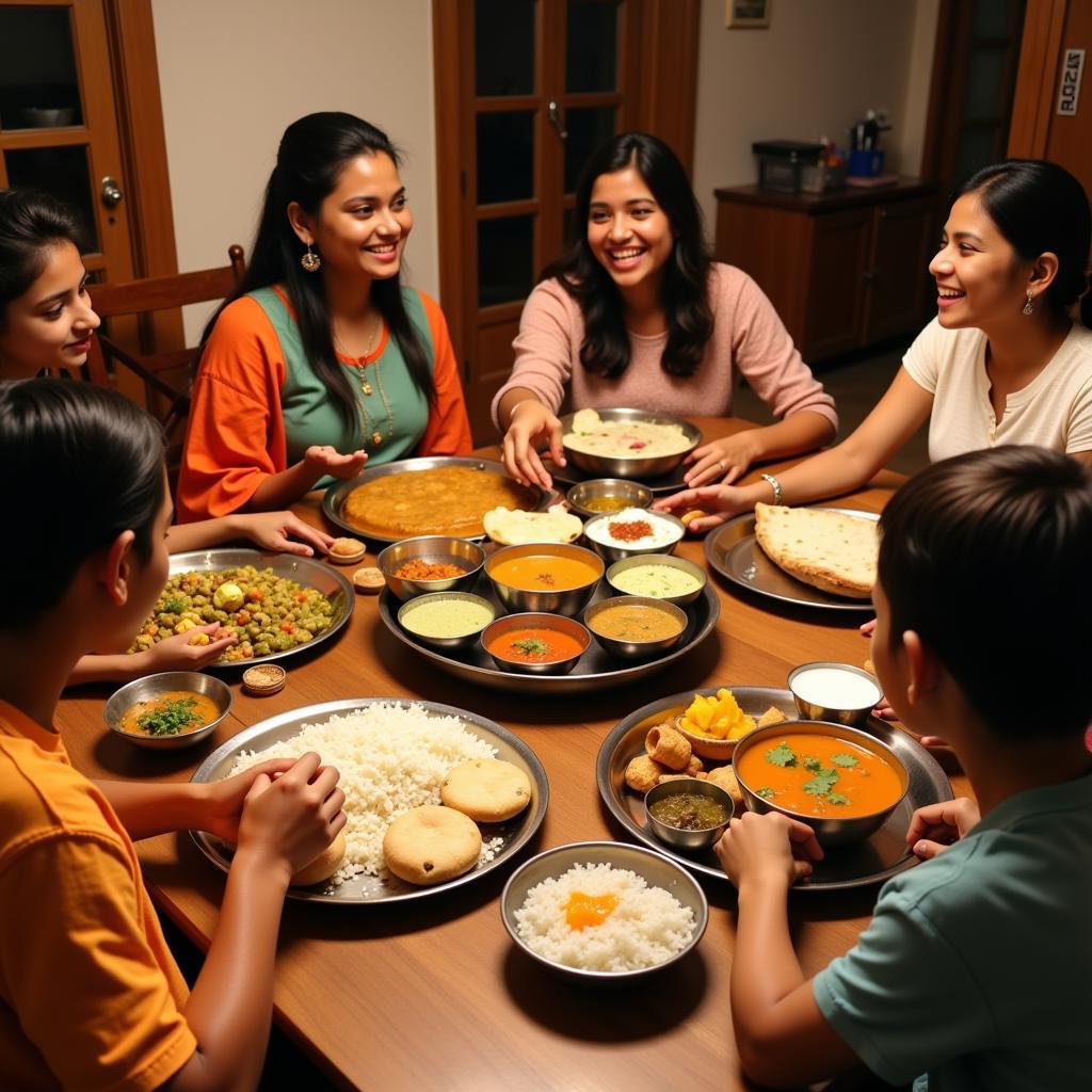 An Indian family shares a traditional thali meal, highlighting the communal aspect of Indian dining.