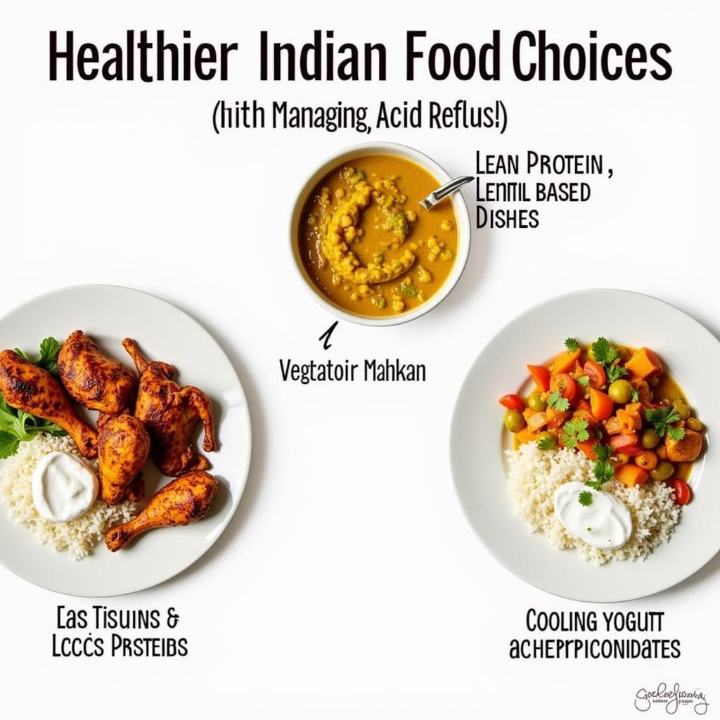 Indian food acid reflux friendly options: Tandoori chicken, dal makhani, vegetable curry with raita.