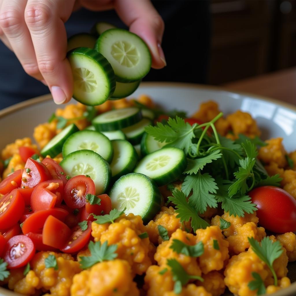 Fresh vegetables being added to an Indian food bowl