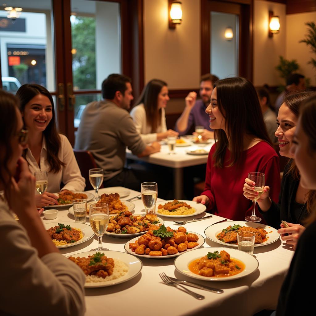 People enjoying an Indian food buffet.