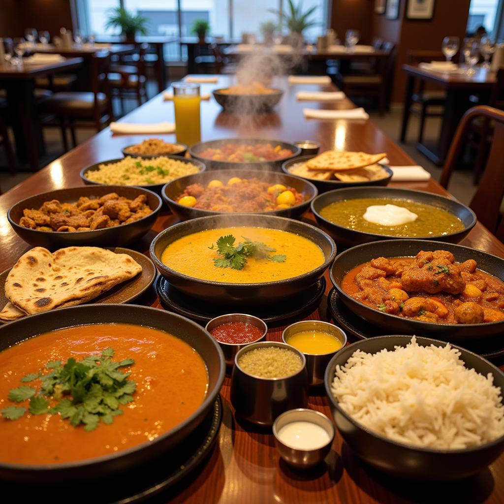 A vibrant spread of Indian dishes at a buffet.