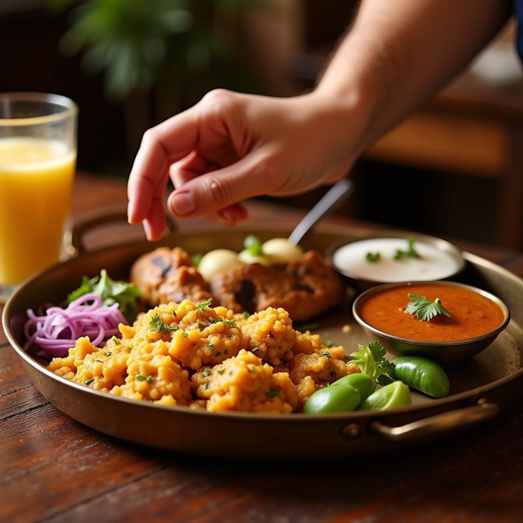 A person enjoying an Indian thali with their hands.