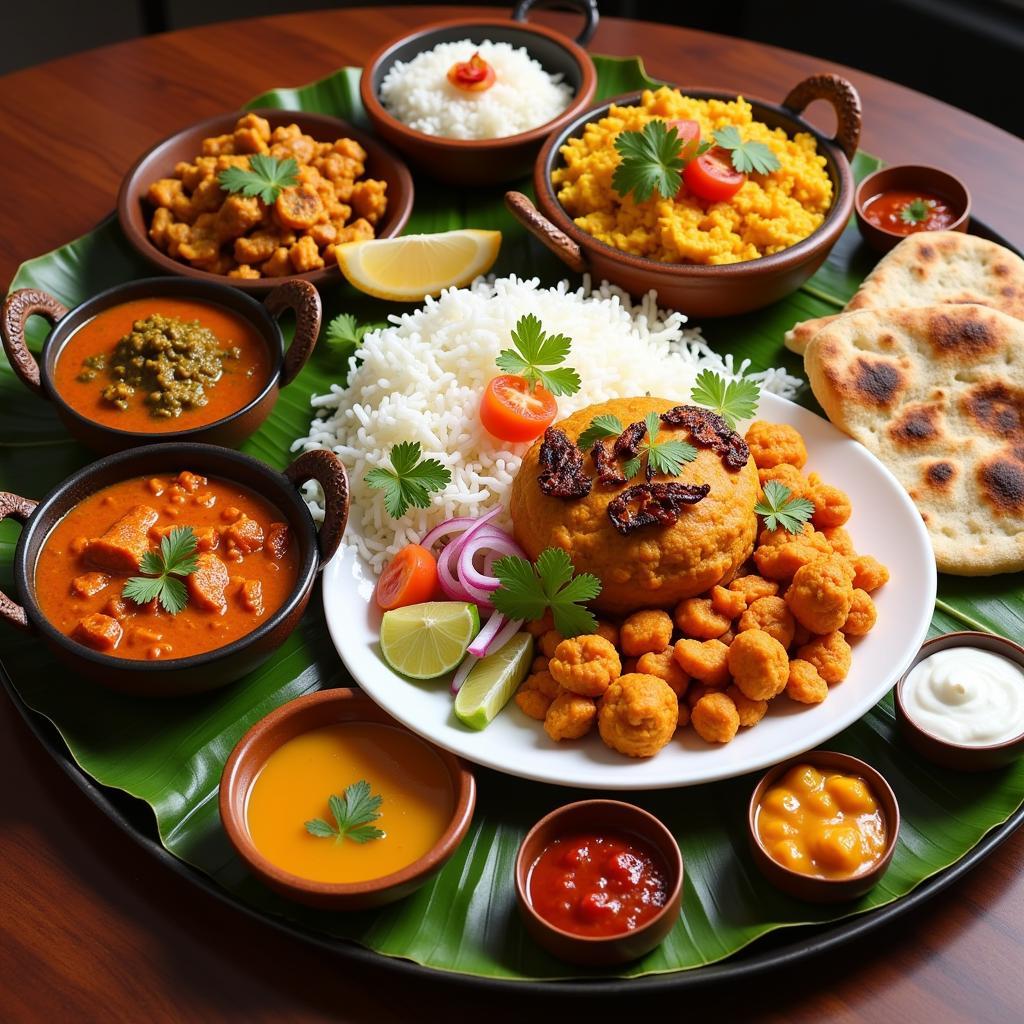 A colorful spread of various Indian dishes served on a platter.