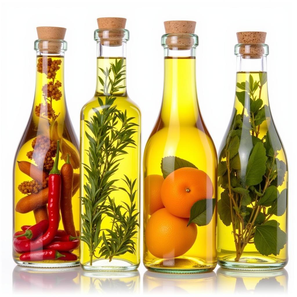 Various infused food flavoring oils in glass bottles