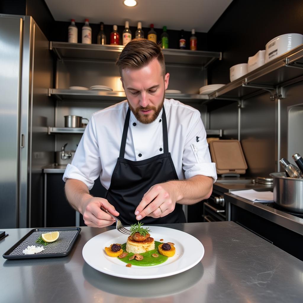 Chef Preparing Gourmet Dish in a Lowell Food Truck