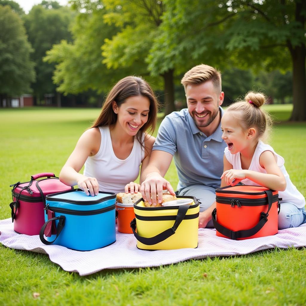 Family enjoying a picnic with insulated food carriers