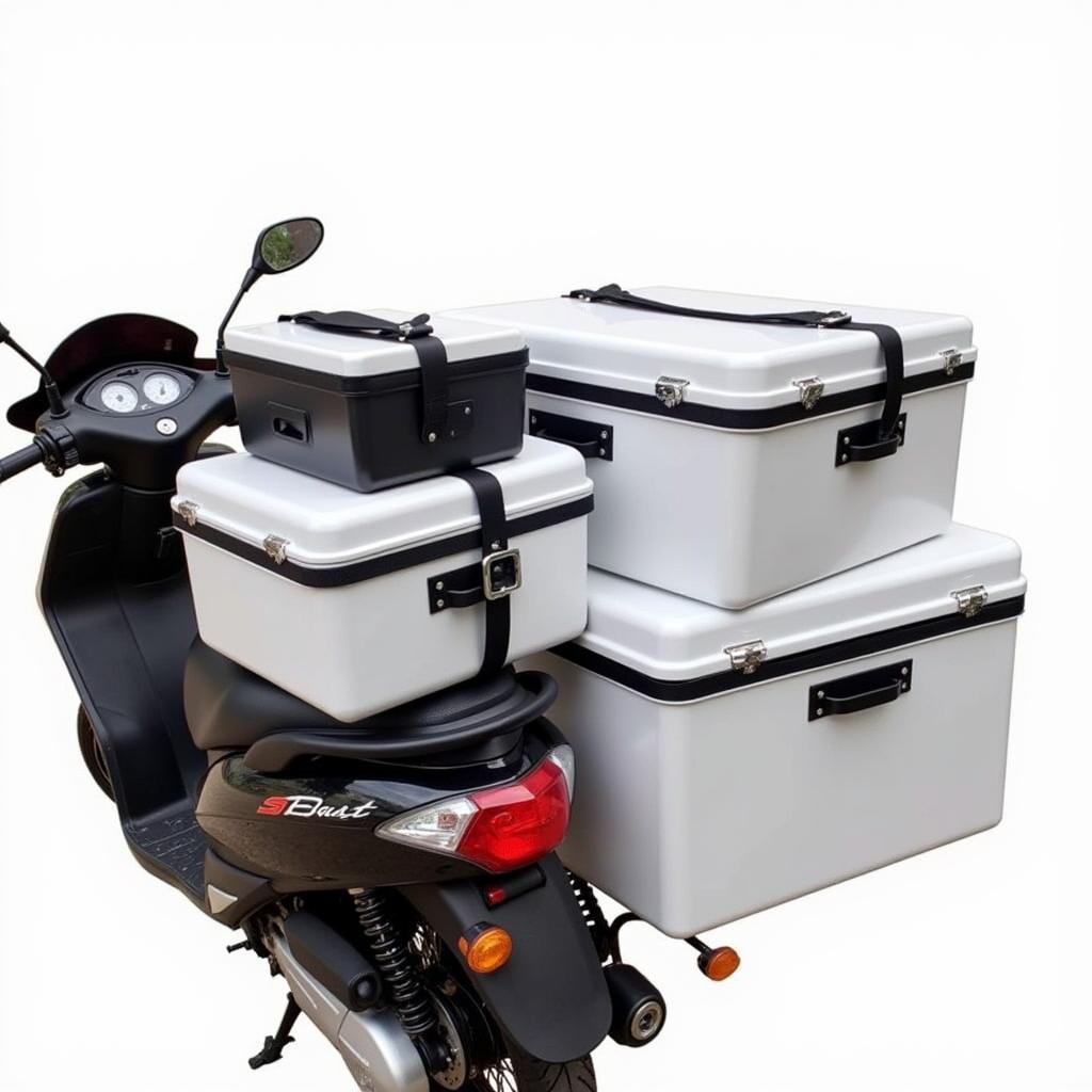 Insulated food delivery boxes attached to a motorbike, showing different sizes and configurations.