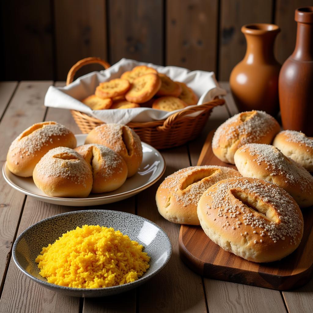 A table laden with Iranian rice and bread