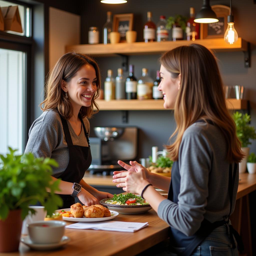 Friendly staff assisting customers in an Irish food shop