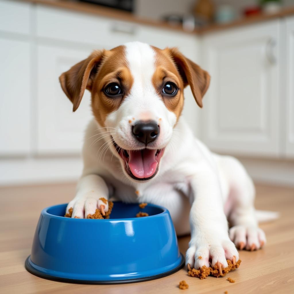 Jack Russell Puppy Eating Wet Food from a Bowl