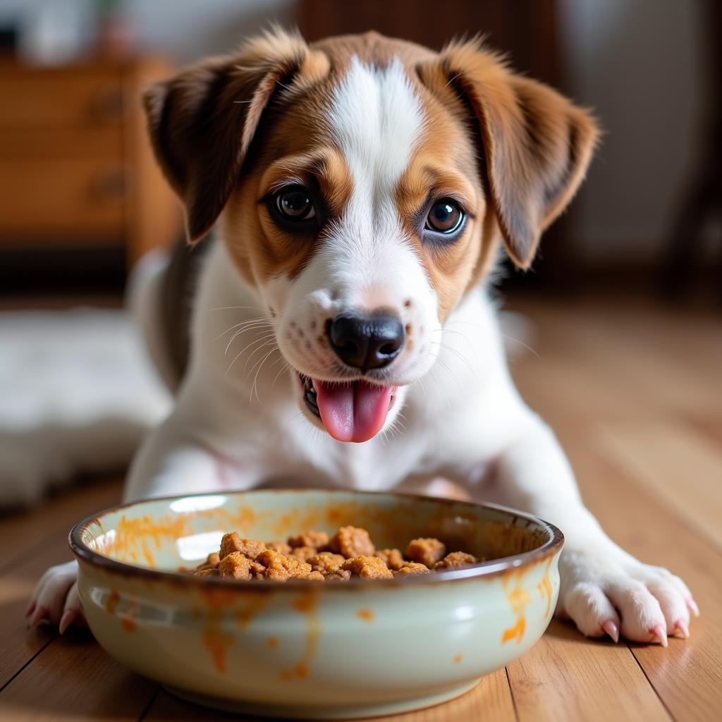 Jack Russell Terrier Puppy Enjoying Wet Food