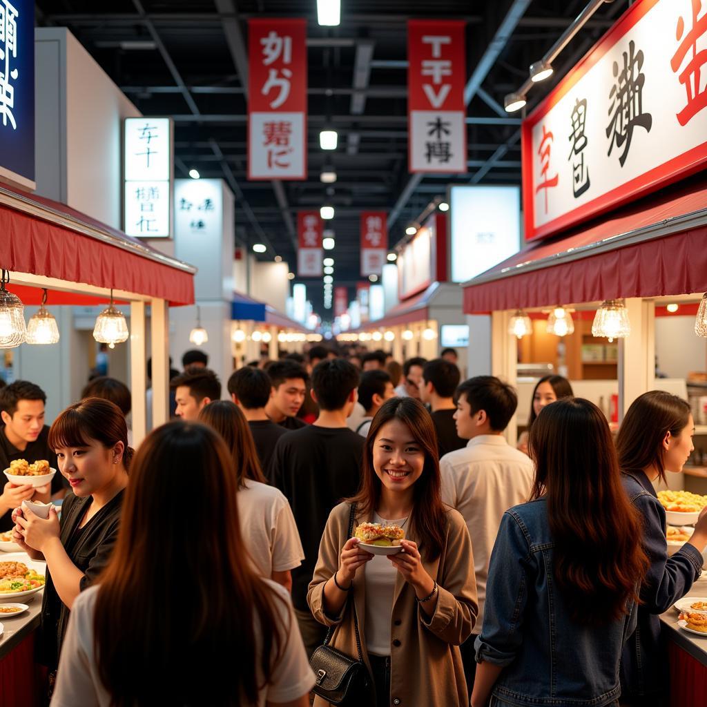 Attendees Enjoying Food at a Japanese Food Expo