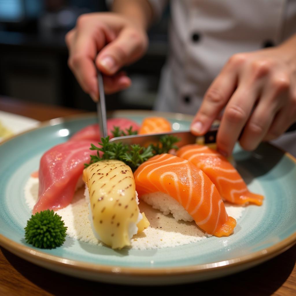 Japanese Sushi Chef Creating Seafood Art