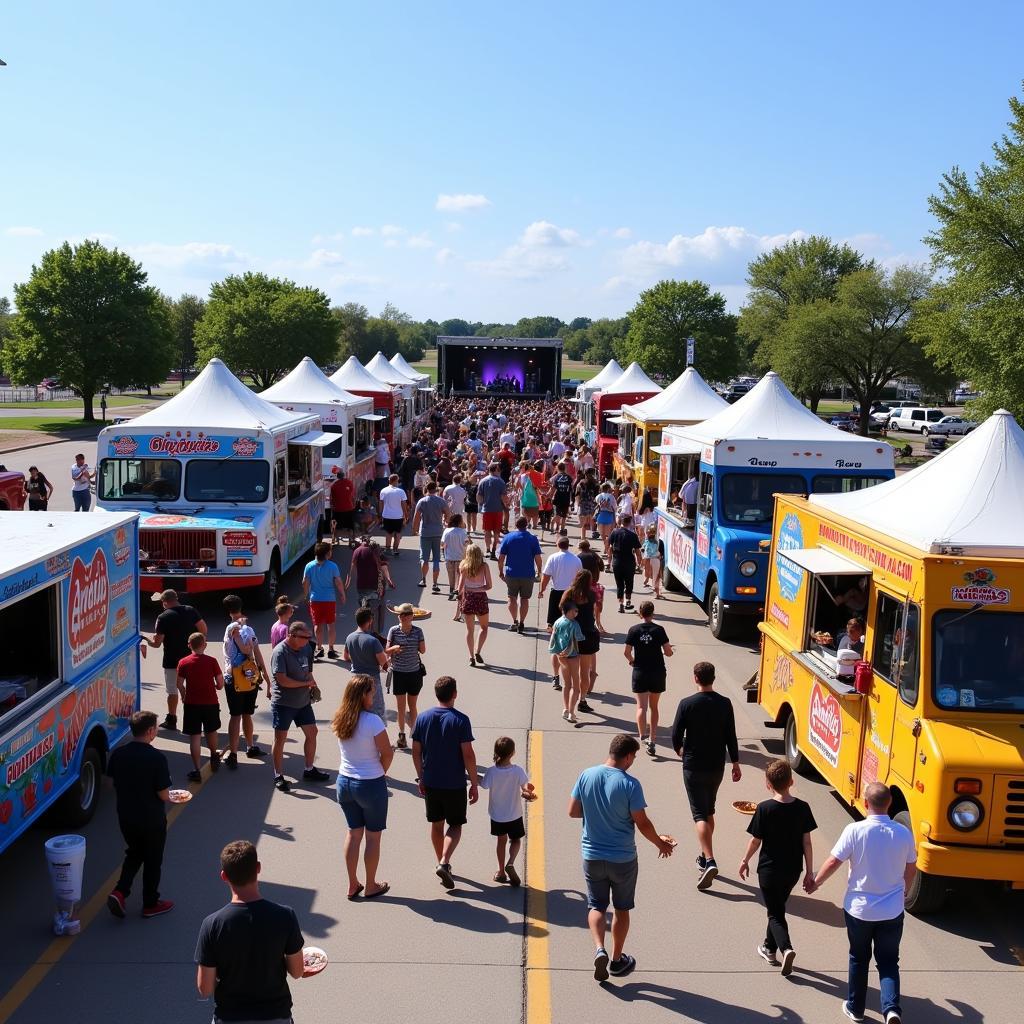 Jenks America Food Truck Festival: A panoramic view of the festival grounds with colorful food trucks, bustling crowds, and lively music.