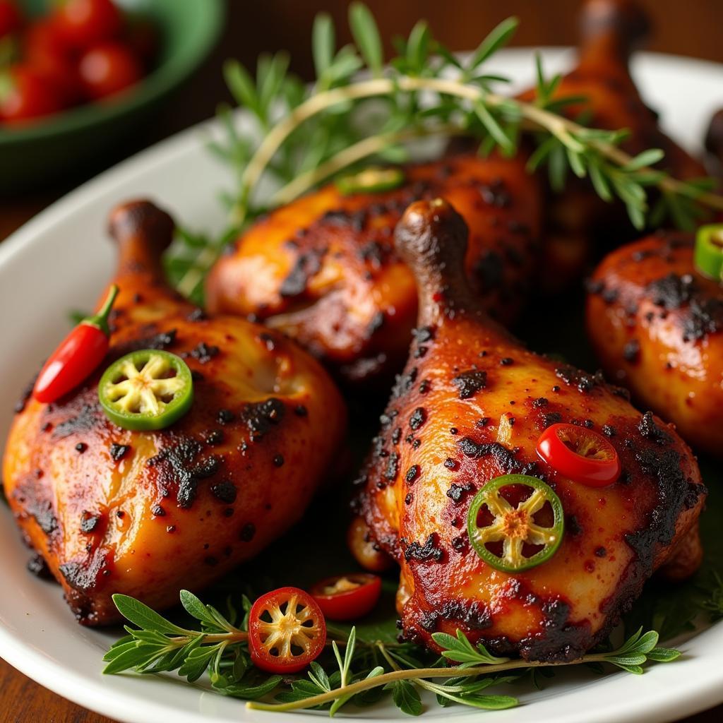 Close-up of Jerk Chicken on a platter for Thanksgiving