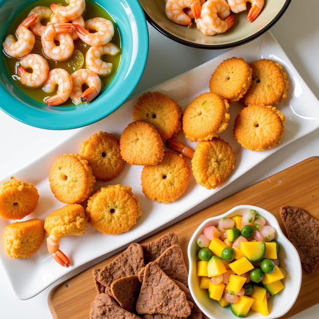 Jimmy Buffett Party Appetizers: Conch Fritters, Shrimp Ceviche, and Mango Salsa.