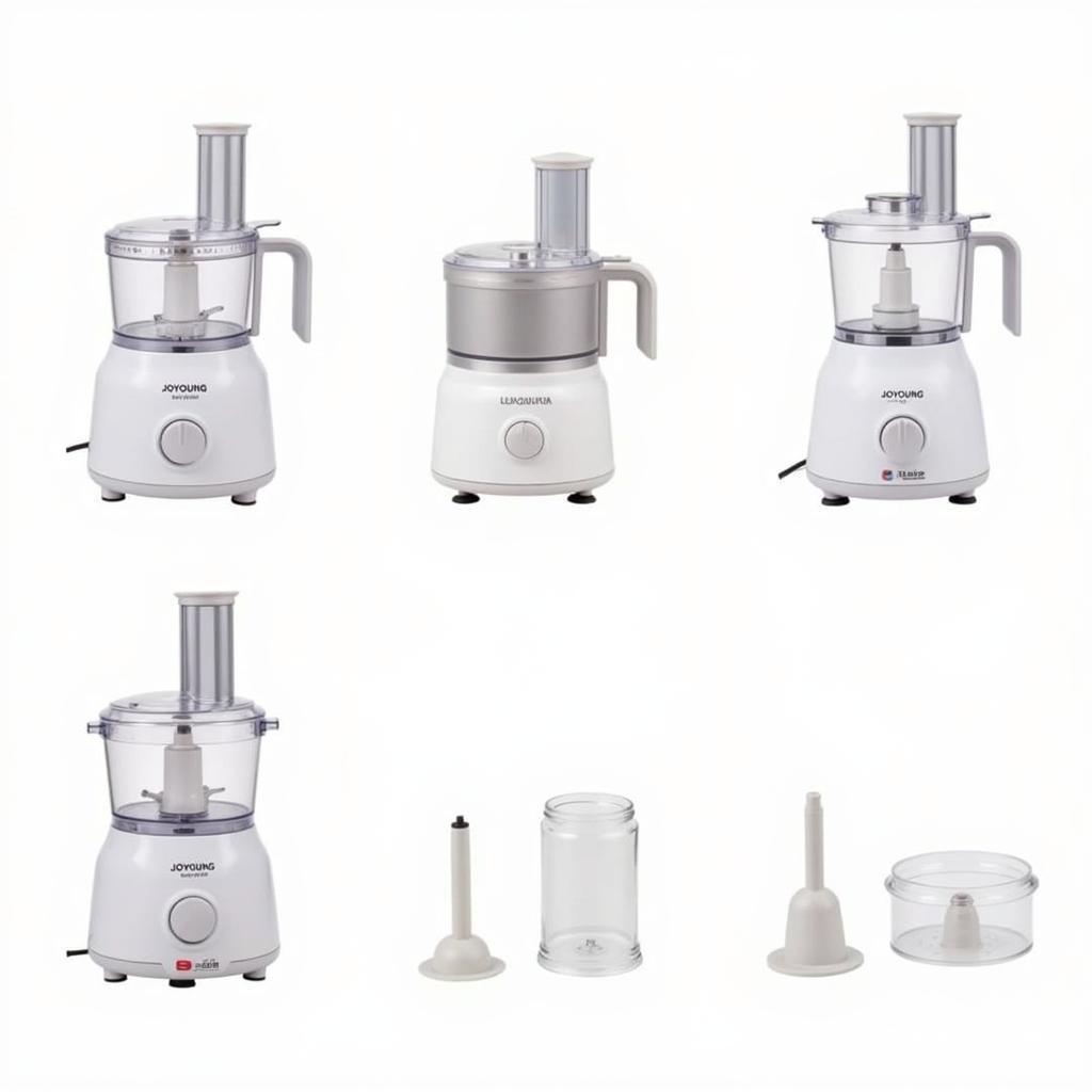 Various Joyoung food processor models showcasing different features and sizes.